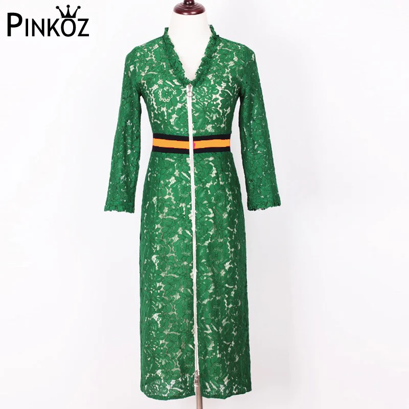 Pinkoz Runway Vogue Womens Green Lace Dresses Elegant Bodycon Office Lady Dress V Neck Front Zipper Slim Midi Dress Vestidos