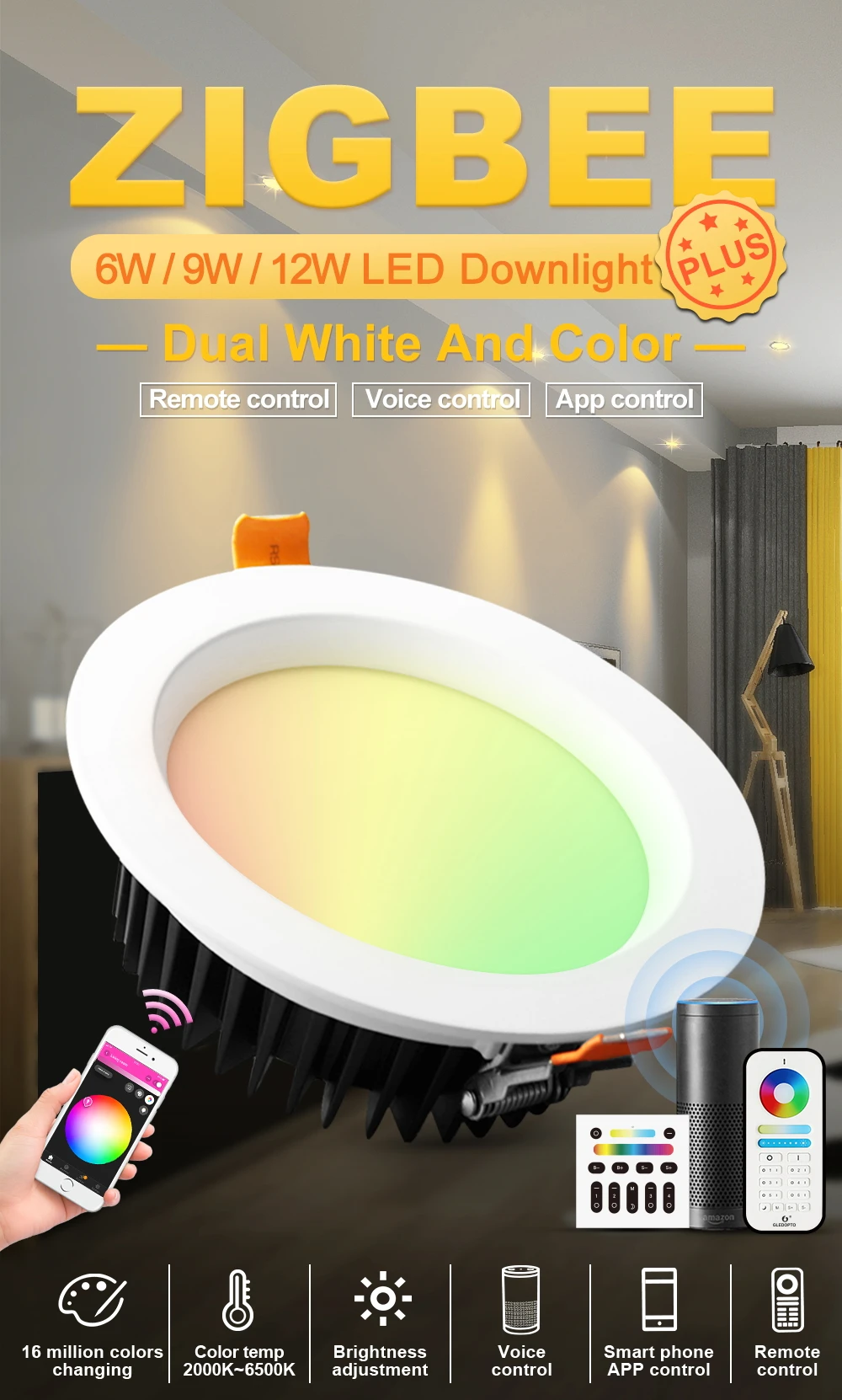 GLEDOPTO zigbee smart downlight plus RGB+CCT 6W/9W/12W light  work with zigbee hub, echo Voice control wall switch remote  LED