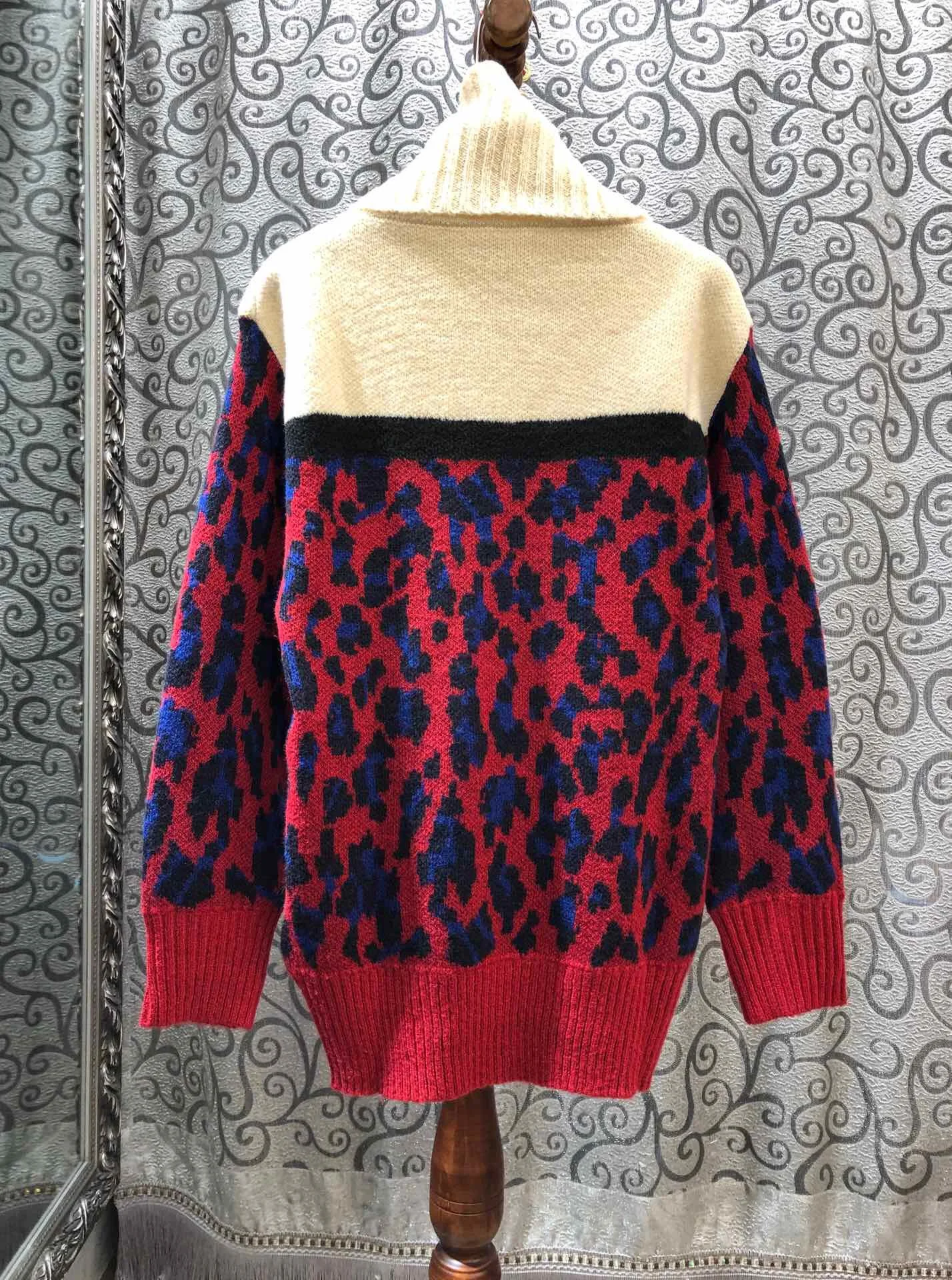 Модный повседневный осенне-зимний шерстяной свитер с высоким воротником и длинными рукавами с леопардовым принтом