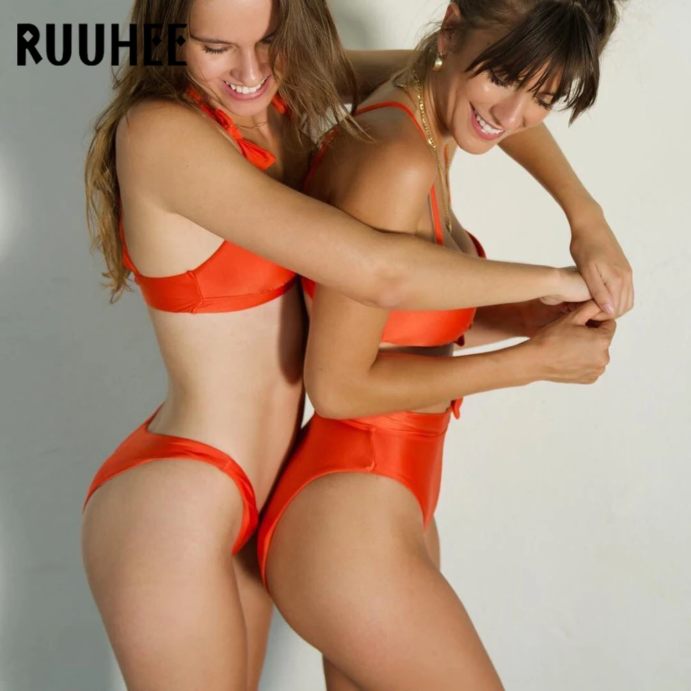 RUUHEE, винтажный Одноцветный купальник бикини в горошек, женский купальник с узлом, комплект бикини, купальный костюм, высокая талия, бикини, прокладки, пляжная одежда