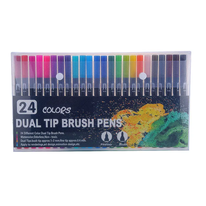 24 Colors Dual Tip Watercolor Brush Art Mark Pen Sketching Liner Manga Graphic Design Drawing HandTwo Head Color Fineliner Pen huion h1060p graphic drawing tablet