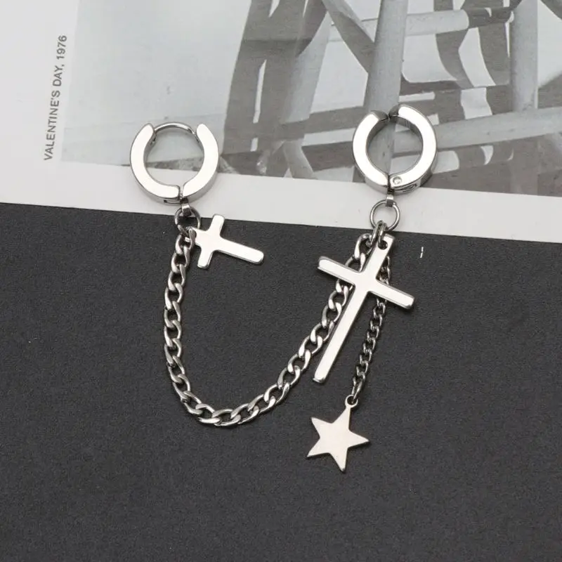 

1Pc Hip Hop Double Pierced Hoop Huggie Dangle Chain Drop Earring Studs Ear Cuffs