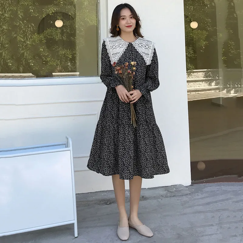

LANMREM 2020 New Spring Summer Peter Pan Collar Print Mid-length Pleated Dress Women Streetwear Loose Big Size Clothes PD988