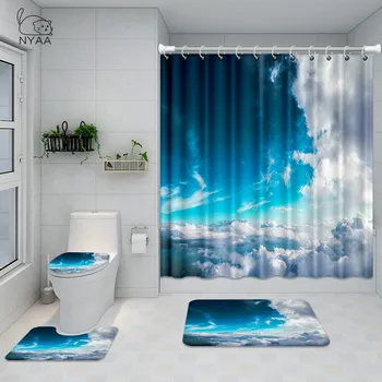 

NYAA Blue Cloudy Sky Landscape Shower Curtain Pedestal Rug Lid Toilet Cover Mat Bath Mat Set Bathroom Curtains With 12 Hooks