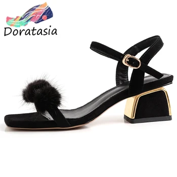 

DORATASIA Fur Ball Open Toe Buckle Strap High Heels Solid Shoes Brand Casual Summer Sandals Women Fashion Laides Sandals