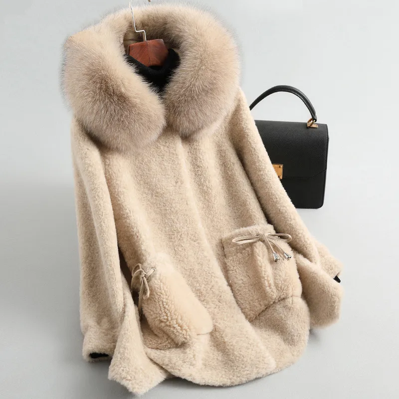 

Real Sheep Shearling Fur Coat Female 100% Wool Coats Winter Jacket Women Fox Fur Collar Korean Jackets Chaqueta Mujer My