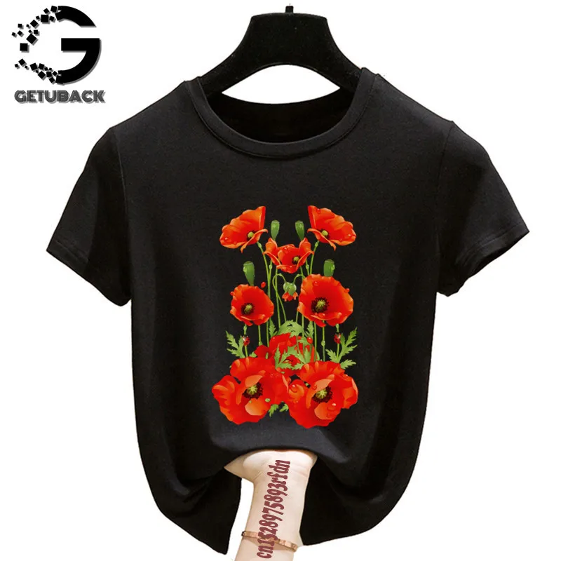 

Black Red Flower Cute Women T-shirt Girl Y2K 90s Harajuku Graphic Gothic Short Sleeve Tops Tee Female Clothes,Drop Ship