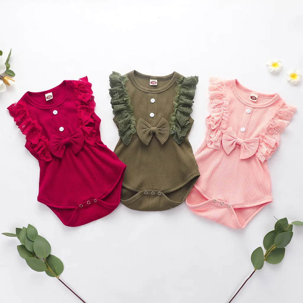 Newborn Infant Baby Girls Boys Solid Lace Bow Romper Bodysuit Clothes Outfits US