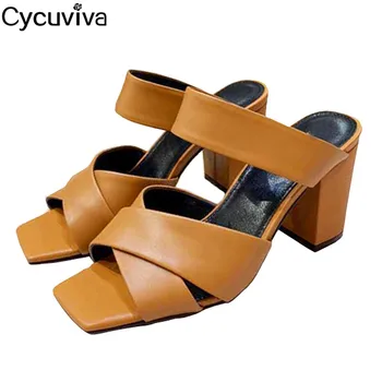 

New Cross Weave Mules Chunky Heels Slippers Woman Square Open Toe Slides Ladies Summer Gladiator Sandals Runway Dress Shoes