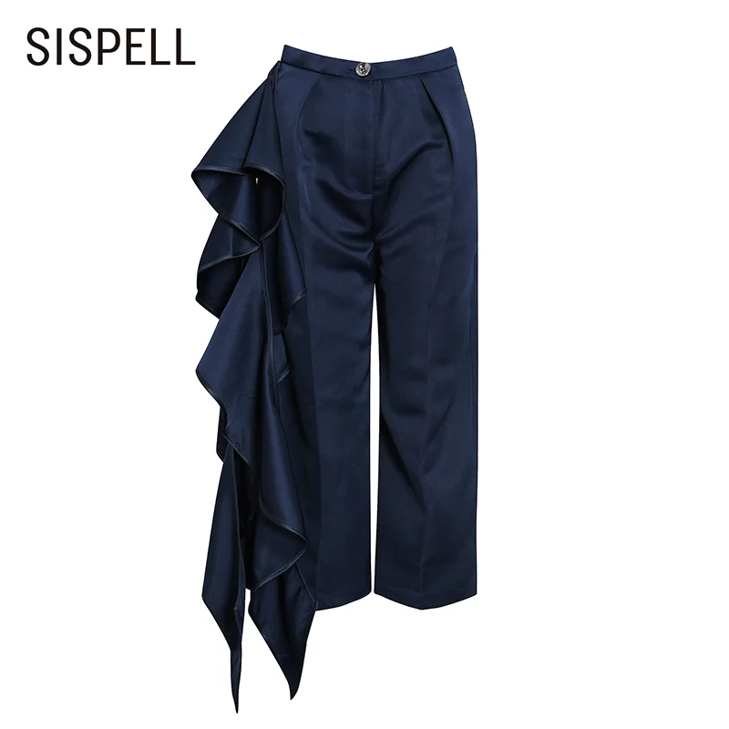 

SISPELL Patchwork Ruffle Women's Straight Wide Leg Pants High Waist Loose Plus Size For Female Casual Pants 2020 Fashion Autumn