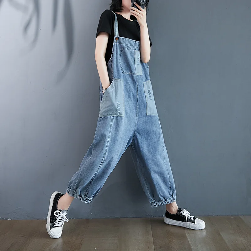 Korean Style Plus Size Overall Jeans Women 2020 New Spring Autumn Strap Pocket Denim Wide Leg Pants Casual Jeans Jumpsuit