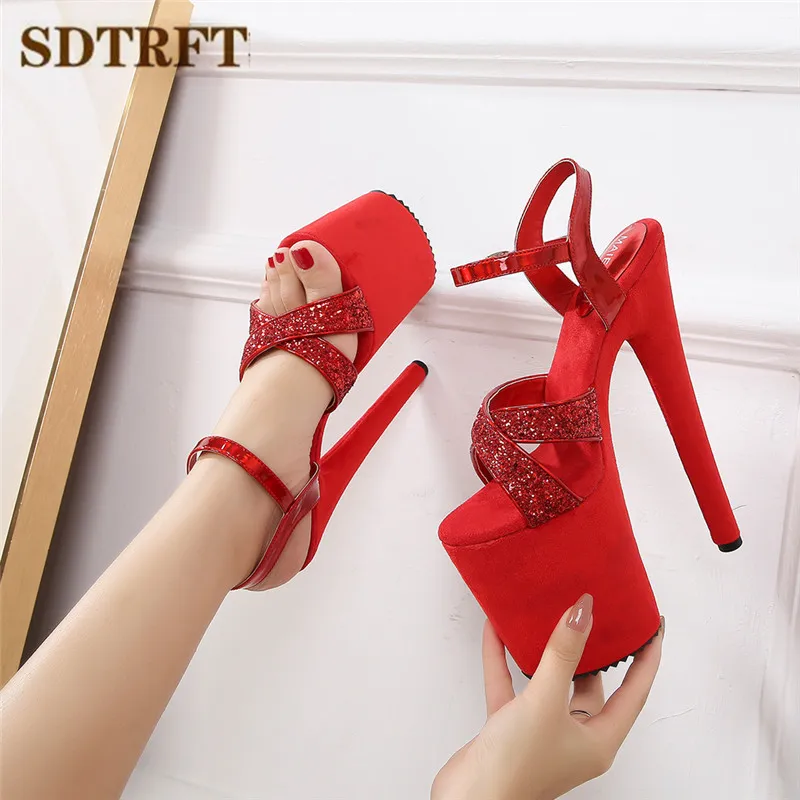 

SDTRFT SUMMER Peep Toe Sandals 20cm Thin Heels Platform Buckle Shoes Woman Sequins Wedding Pumps Steel Pipe Dance zapatos mujer