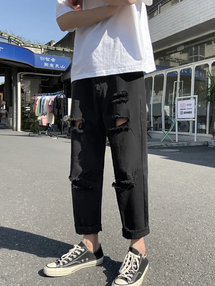 ICCLEK Black Ripped Jeans Men's Loose Hip-hop Pants Straight-leg Pants Patchwork Jeans  Baggy Jeans  Black Jeans Men