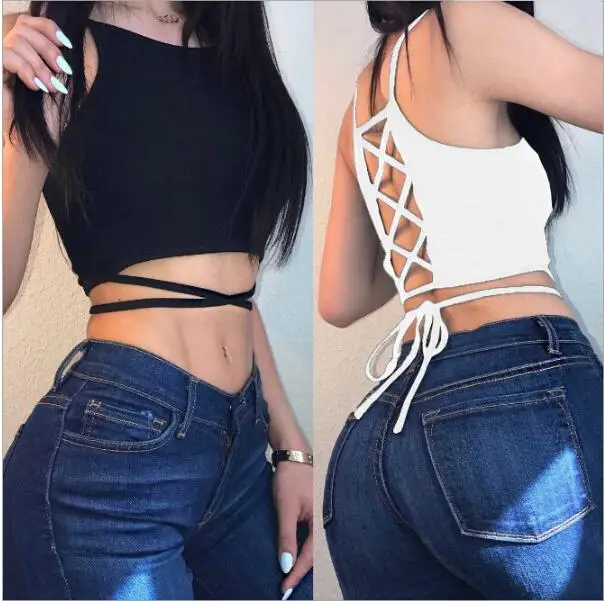 

New Sexy Summer Women Black White Vest Racer Bandage Camis Back Cross Straps Hot Sale S-XL Women Casual Top Tees