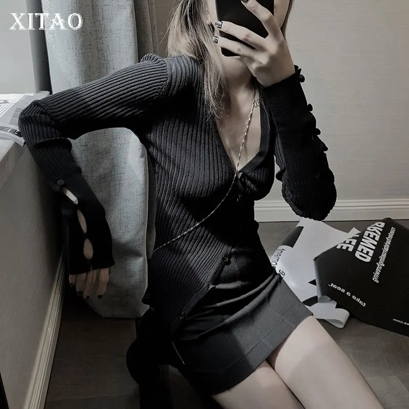 XITAO вязаный черный свитер Элегантный женский модный одиночный грудь нерегулярный маленький свежий обтягивающий свитер для миноритета GCC2457