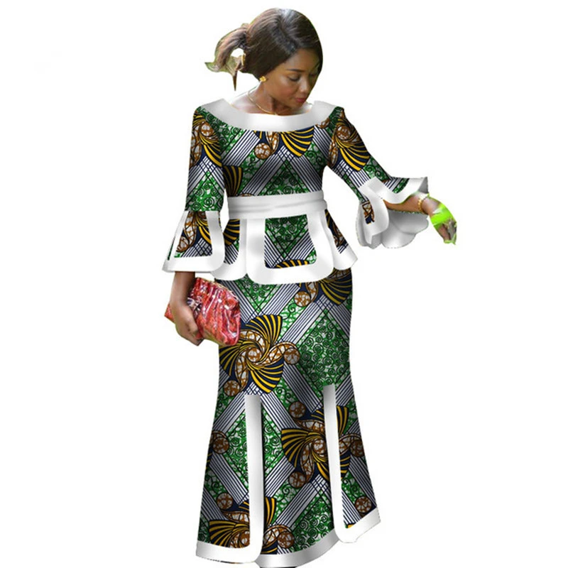 

African Women Batik Print 2pcs Clothing Sets Longsleeve Top Tshirt+Long Skirt Traditional African Plus Size 2pcs Suit
