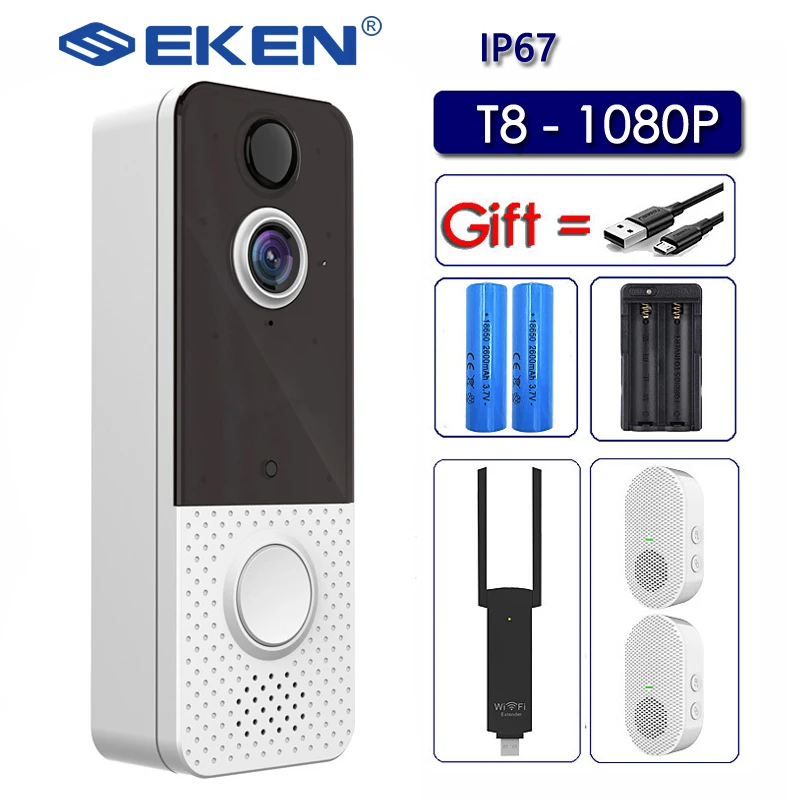 EKEN T8 IP67 Weatherproof Smart Video Doorbell Camera WIFI 1080P Visual Intercom Night Vision IP Door Bell PIR Wireless Cameras