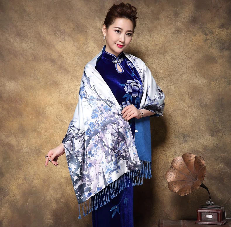 Национальный стиль Cheongsam картина маслом шаль шарф женский шелковый кашемировый шарф ретро свадьба вечеринка накидка палантин обертывания - Цвет: 1