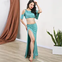 Удобный модальный костюм для танца живота женский комплект из 2 предметов Топ Юбка с Боковым Разрезом Восточное танцевальное платье длинный рукав большой