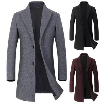 

Chic Men Winter Long Sleeve Lapel Collar Single-breasted Warm Woolen Trench Coat Men's solid color and long felt jacket