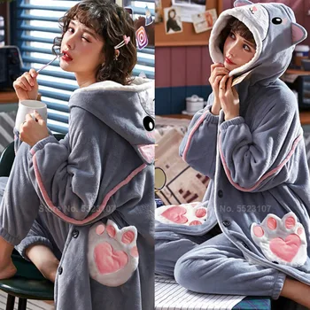 

Women Pajamas Sets Japanese Style Kawaii Cat Kitty Cotton Claws Role-playing Fleece Flannel Sleepwear Winter Warm Bathing Robes