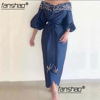 

Elegant Evening Dresses Appliques Puffy Sleeves Dubai Saudi Arabic Evening Gowns Off The Shoulder Robe De Soiree With Belt