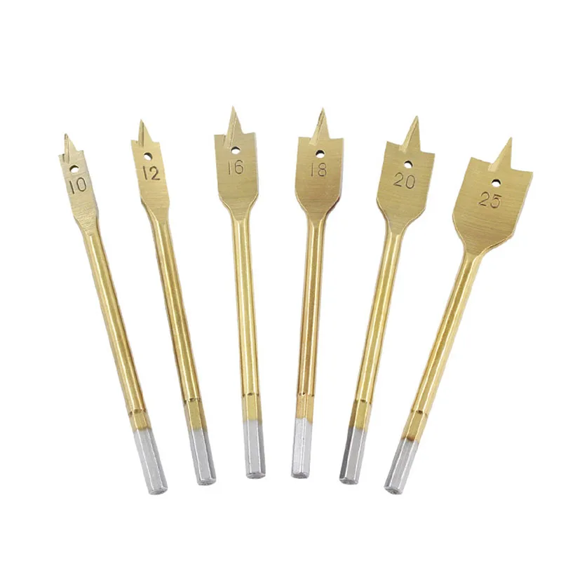

6pcs/Set Titanium Coating Hex Shank Spade Bits Flat Boring Bit Wood Drill Bit Power Tools Hole Saw 10/12/16/18/20/25mm