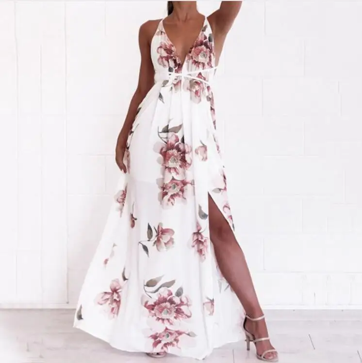 

Fashion Casual Loose Women Floral Long Dress Sleeveless Evening Deep V-neck Halter Neck Party Summer Beach Sundress Clothes