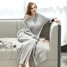 Зимний женский фланелевый теплый халат уютный пушистый длинный рукав балахон с капюшоном Ночная рубашка в комплекте с купальным халатом домашняя плюшевая Ночная одежда халаты для пары