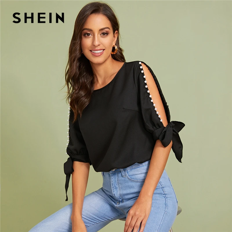 SHEIN цельный жемчуг бисер сбоку браслет с узелком Элегантная блузка женские топы осень Половина рукава базовые блузки для молодых девушек