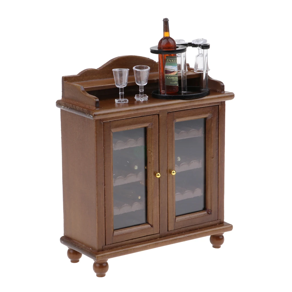 Dollhouse Furnishings Brown Wooden Cabinet with Wine Rack, Bottles and Cups Goblet, 1/12 Realistic Furniture Model Decor