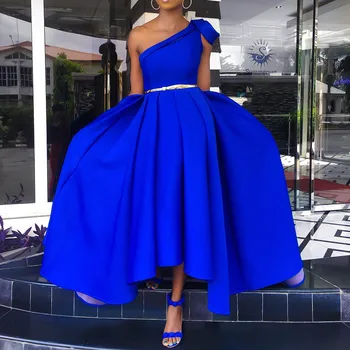 

Evening Plus Size One-Shoulder African Sexy Sleeveless Pleated A Line Women Maxi Dress 2019 Femme Vestiods Blue Long Party Dres