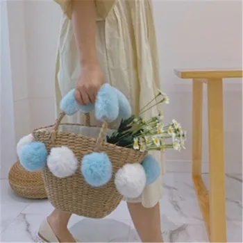 

New Bohemian Beach Bag Women Handmade Rabbit hair Straw Bags Summer Grass Handbags Drawstring Basket Totes Bag Travel Tote