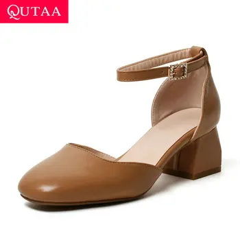 

QUTAA 2020 Square High Heel Casual Round Toe Ladies Pumps Spring Autumn PU Leather Hollow Buckle Concise Women Shoes Size 34-43