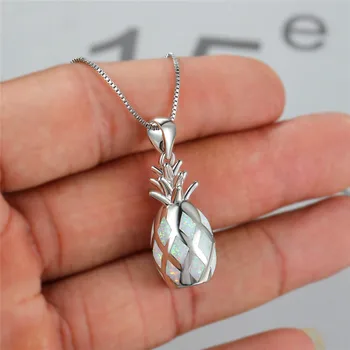 

Boho Female Blue White Opal Pendant Necklace Silver Color Chain Necklaces For Women Cute Fruit Pineapple Wedding Necklace
