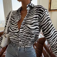 Women's striped wave cut printed shirts turn-down collar long sleeve tops loose single breasted for women urban fasion top 2021