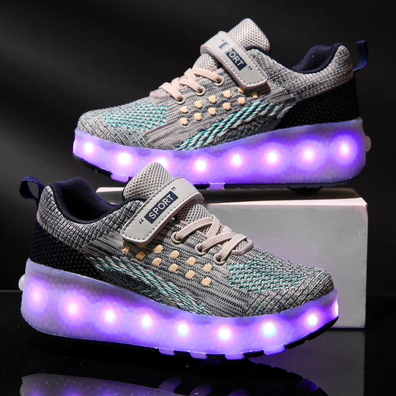 Children Two Wheels Luminous Glowing Sneakers Red Grey Pink Led Light Roller Skate Shoes Kids Boys Girls USB Charging | Детская одежда