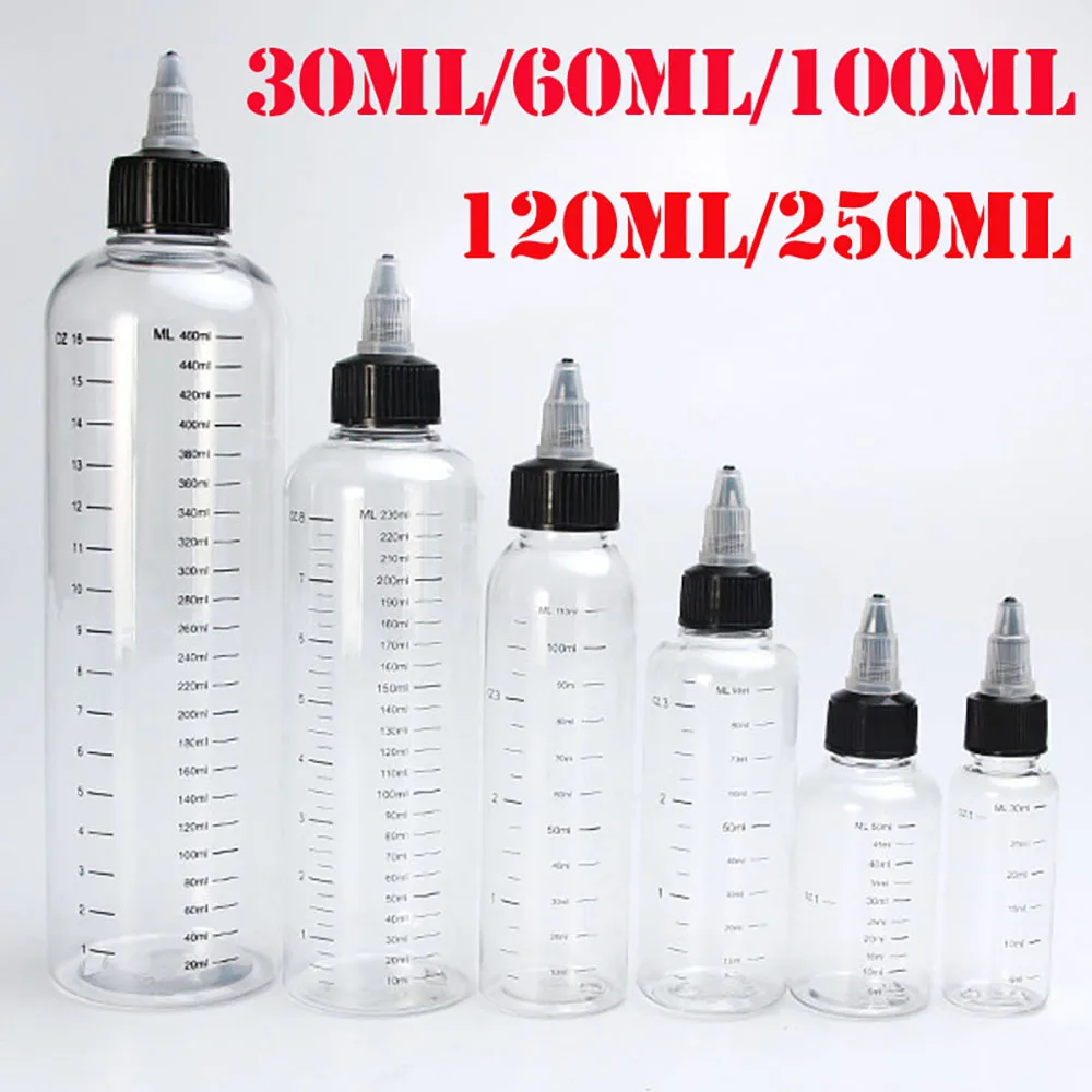 5Pcs 30ml/60ml/100ml/120ml/250ml Transparent Plastic Dispensing Bottles with Twist Cap Graduated Measurement Tattoo Ink Bottles