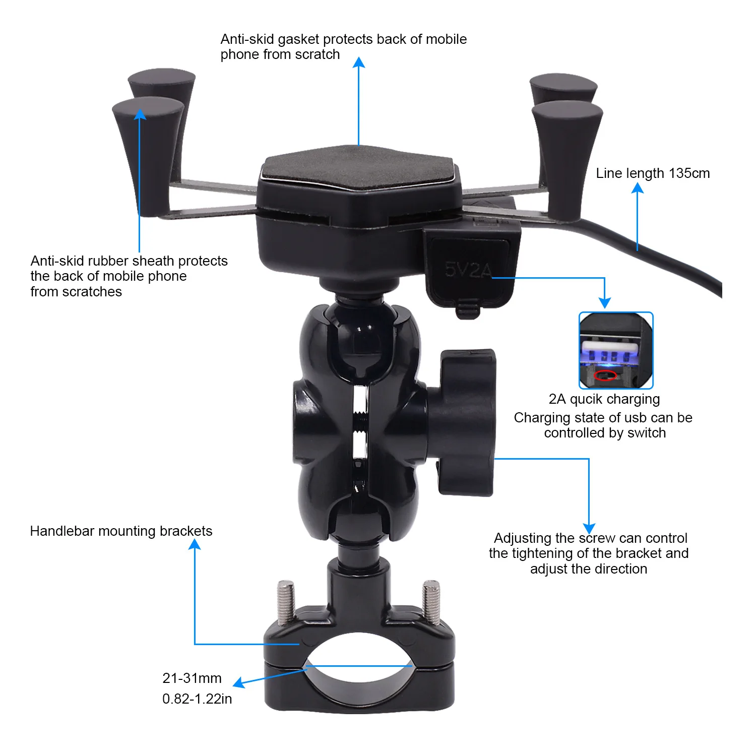 

Motorcycle Phone Holder 2 in 1 Phone Bracket with USB Charger 360 Motorbike Universal Rotating Mount Mobile Support Celular Moto