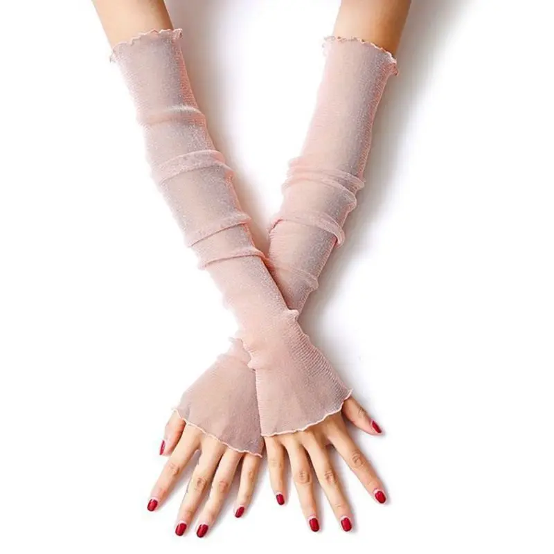 Для женщин Девушки Ультра-тонкие прозрачные Блеск Сетки Длинные кружевные перчатки с металлическим отливом одноцветное Цвет для рук с