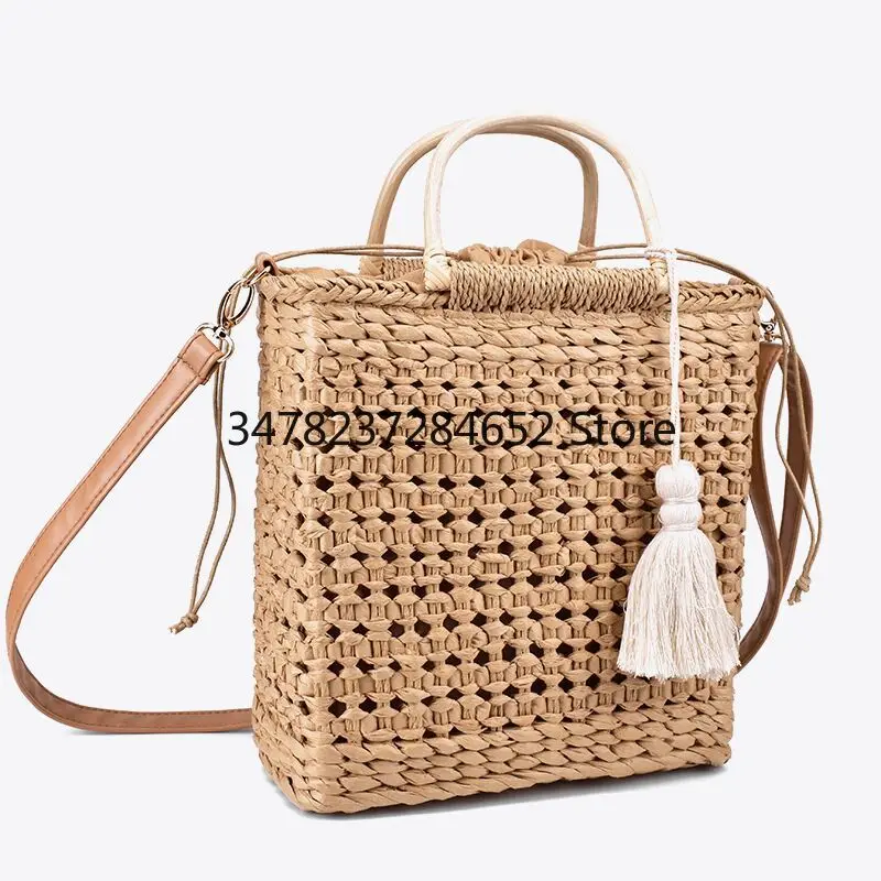

2 Color Hollow fringed woven straw bag Wooden handle natural color shopping bag Woman fashion tassel messenger bag handbag