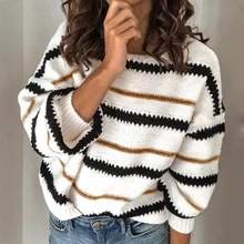 Сексуальные свитера, Женский вязаный свитер в полоску с круглым вырезом, женский осенне-зимний Повседневный пуловер с длинным рукавом, верхняя куртка
