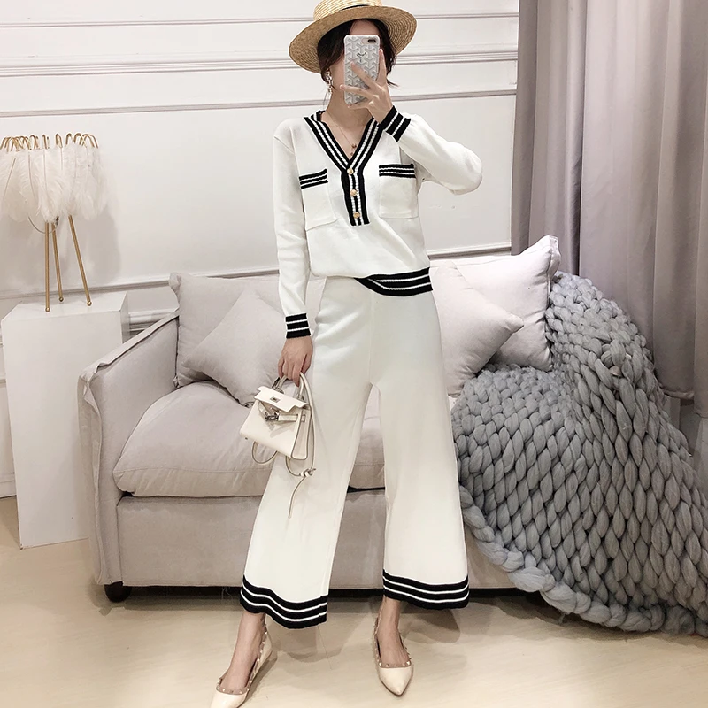 

Knitted Women 2 Pieces Pant Sets 2019 Autumn Winter Button V-Neck Striped Pullover Sweater and Ankle-Length Wide Leg Pant Suits