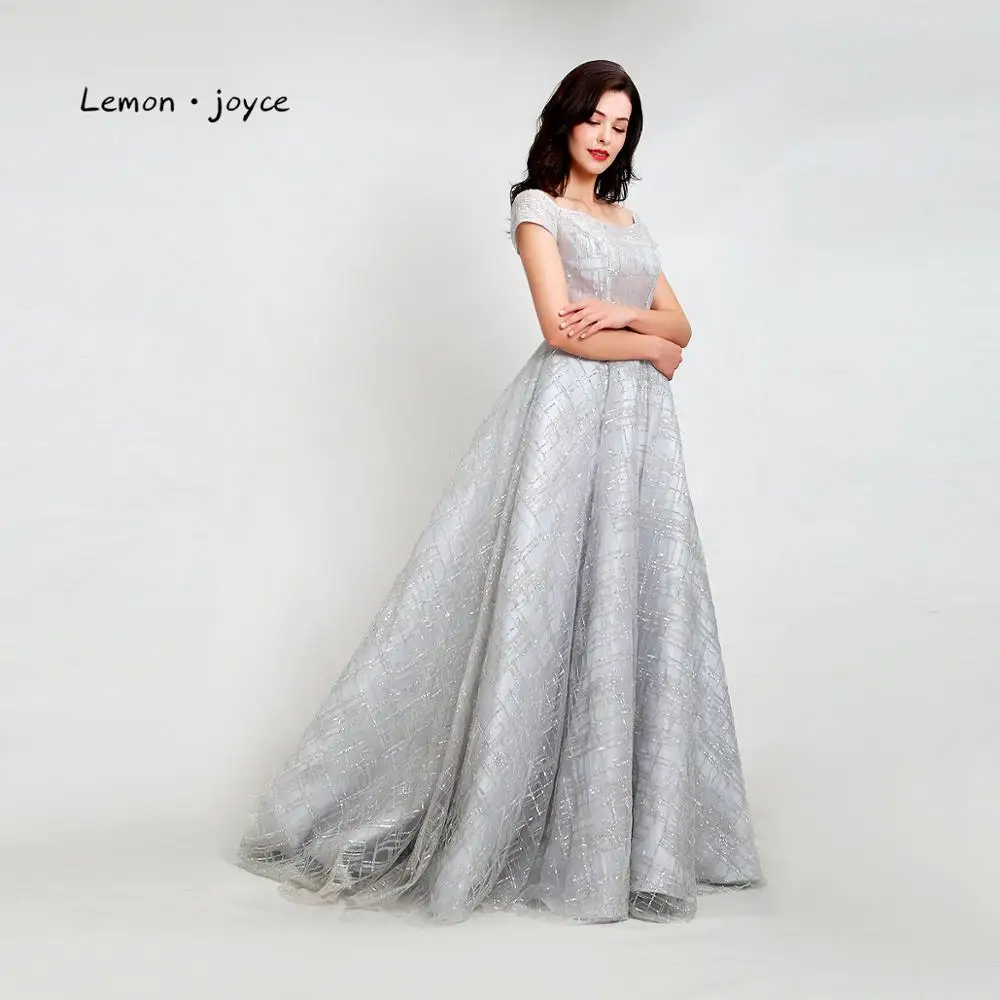 Lemon joyce Formal Gray Evening Dresses Long Short Sleeves Illusion A-line Floor Length Party Gowns Plus Size