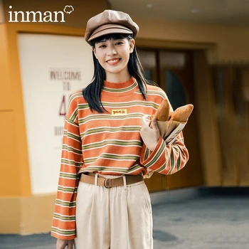 

INMAN 2020 Autumn New Arrival Literary Contrast Striped Knit Bottoming Embroidered Letter Pattern Pullover Women's Sweater
