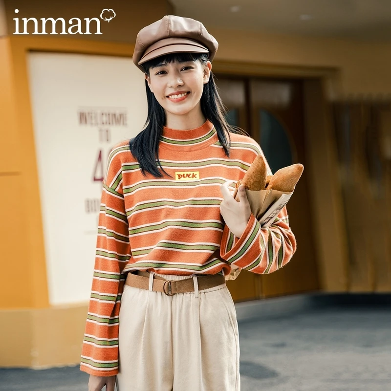 INMAN Spring Autumn Literary Contrast Striped Knit Bottoming Embroidered Letter Pattern Pullover Women's Sweater | Женская одежда