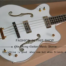 4 струны, электрическая бас-гитара с полуполым корпусом, золотистые металлические части, Кленовая горловина, гриф из розового дерева