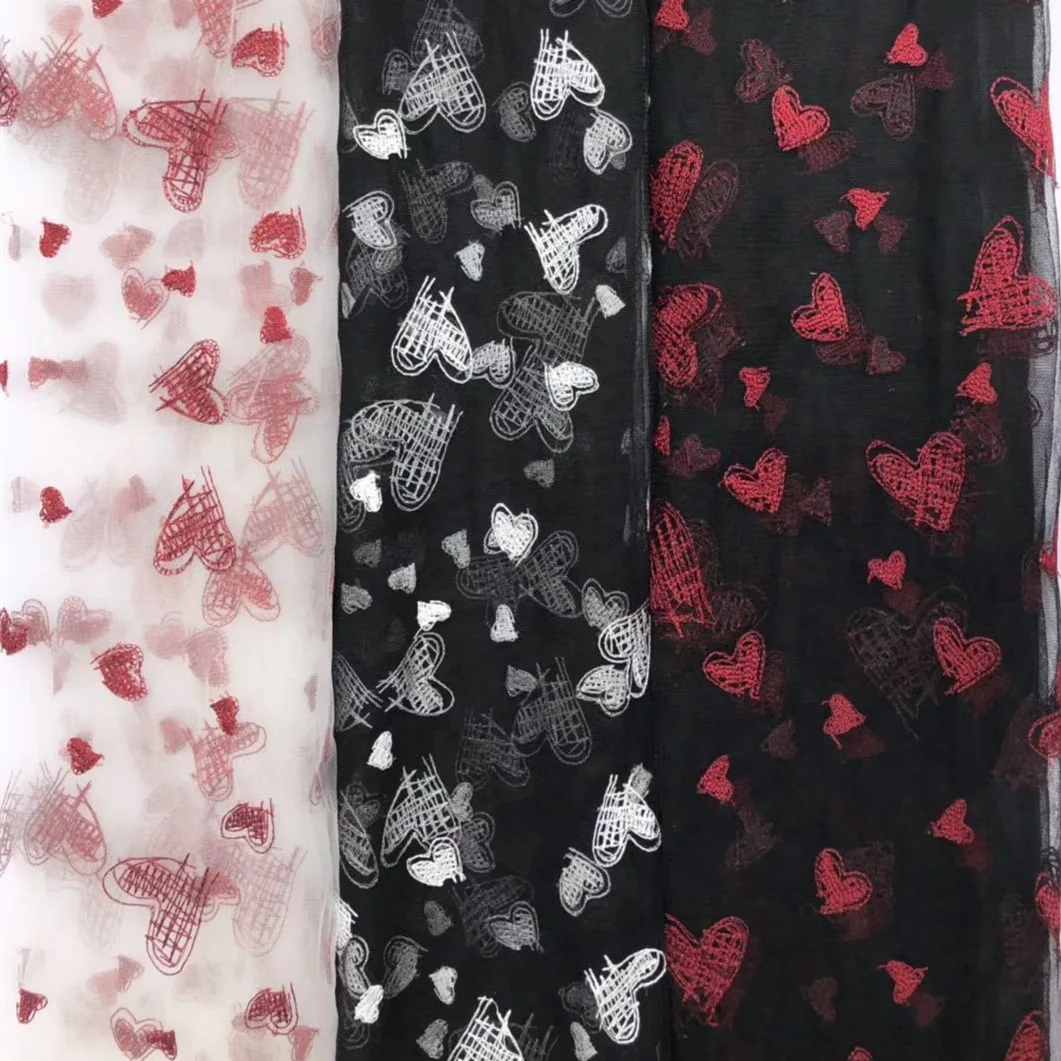 Новая Ins Горячая Красное сердце сетчатая ткань с Вышивкой Дизайнер Diy женское платье Кружева Materoal ткань Telas Por Metro Stoffen Tecido
