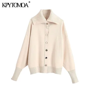 

Vintage Elegant Buttons Knitted Cardigans Sweater Women 2020 Fashion Lapel Collar Long Sleeve Female Outerwear Chic Tops
