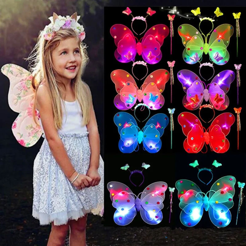 3 unids/set doble capas chicas luz intermitente Led de ala de mariposa varita diadema traje juguete para regalo